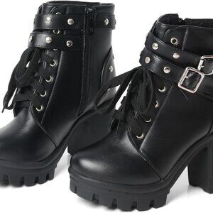 Goth Boots Microfiber Chunky Heel Ankle Combat Zipper Punk Shoes Women